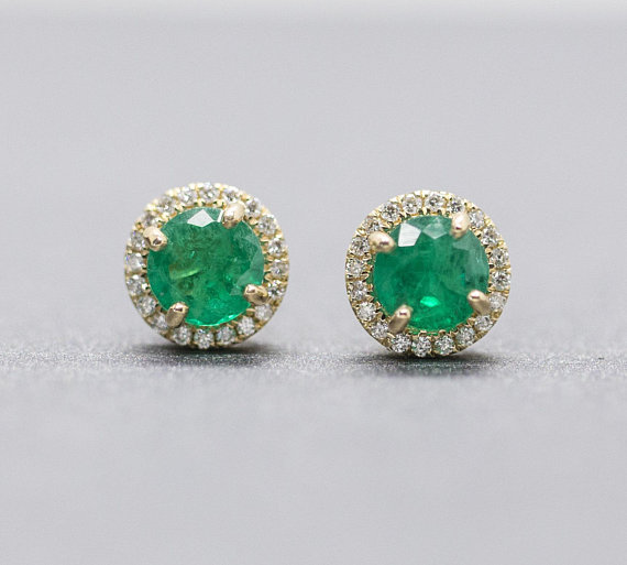 Emerald and Diamond Halo Earrings in 14k Rose Gold