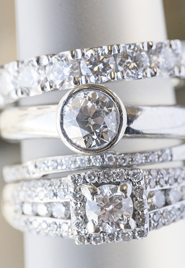 A section of diamond rings on a display stand