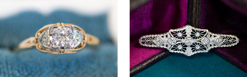 Composite of two images, a yellow gold diamond ring and an intricate diamond broach, examples of the kinds of jewelry EMS will purchase